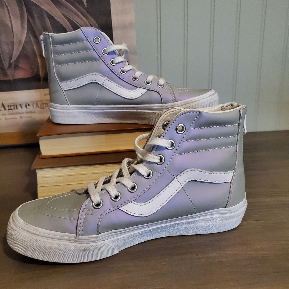 Vans Kids Sk8-Hi Zip Up Shoe Opalescent Shiny Gray Subtle Unicorn 2.5